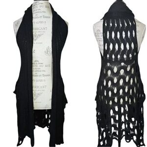Black Open Knit Sleeveless Long Cardigan Vest